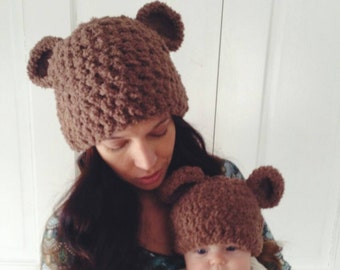 Mommy bear hat and baby hat pair, Animal hat,Bear hat, Mommy and me hats, photo props,Hats with ears, Brown hat