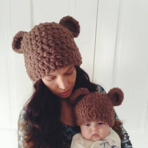 Mommy bear hat and baby hat pair, Animal hat,Bear hat, Mommy and me hats, photo props,Hats with ears, Brown hat image 1