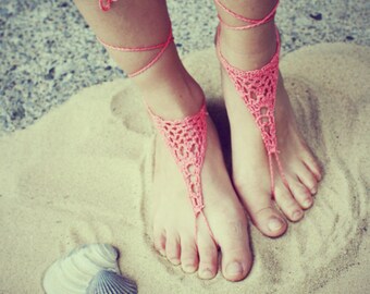 Handmade Peach Crochet Barefoot Sandals,Hippie Foot Thongs, Bridesmaids, Summer, Beach, Lace up Sandals, Festival, Gladiators, Bohemian