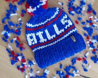Hand knit Game day beanie, Bills inspired winter hat