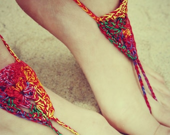 Handmade Bohemian Crochet Barefoot Sandals, Hippie Foot Thongs, Hippie Gladiator, Beach, Festival