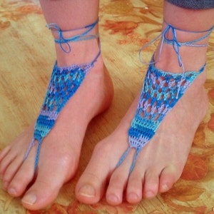 Pretty Peacock, Handmade Crochet Barefoot Sandals, Hippie Foot Thongs-One Size Fits All image 5