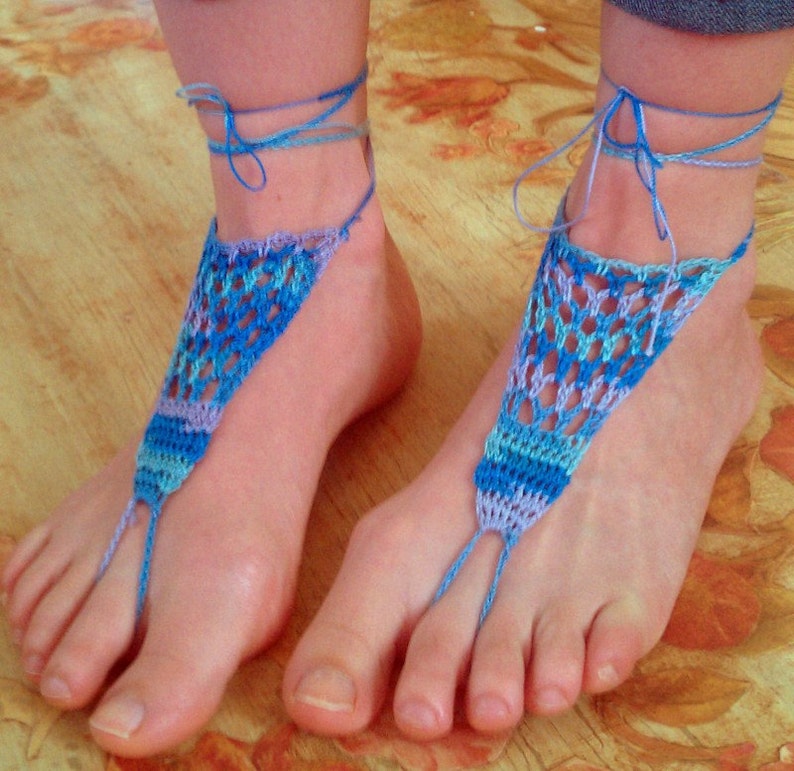 Pretty Peacock, Handmade Crochet Barefoot Sandals, Hippie Foot Thongs-One Size Fits All image 5