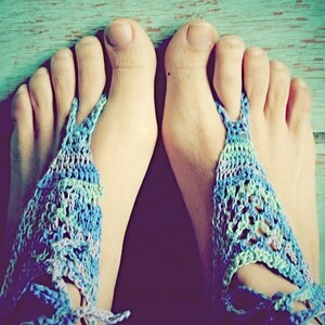 Pretty Peacock, Handmade Crochet Barefoot Sandals, Hippie Foot Thongs-One Size Fits All image 3