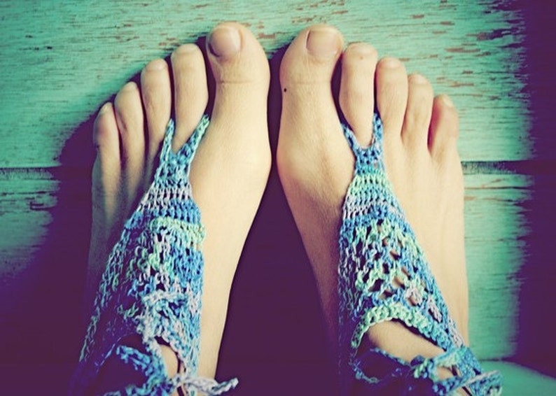 Pretty Peacock, Handmade Crochet Barefoot Sandals, Hippie Foot Thongs-One Size Fits All image 3