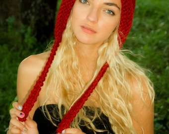 Hand Knitted Red Elf Hat,Unisex Winter Hat,Mens Hat,Womens Hat,Pixie Hat,Gnome Hat, Hobbit Hat