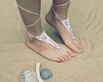 Handmade Beach Bride White Crochet Barefoot Sandals,Hippie Foot Thongs Crochet Accessories, Bridal, Bridesmaids, Summer, Beach
