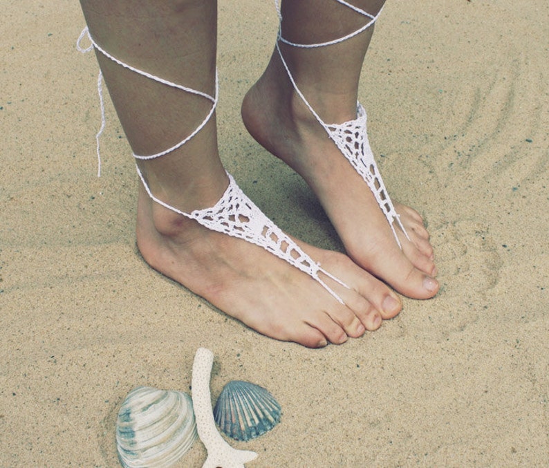 Handmade Beach Bride White Crochet Barefoot Sandals,Hippie Foot Thongs Crochet Accessories, Bridal, Bridesmaids, Summer, Beach image 1