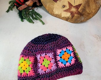 Crocheted Granny Square Beanie, Winter Beanie, Warm Hats, Gifts for Girls