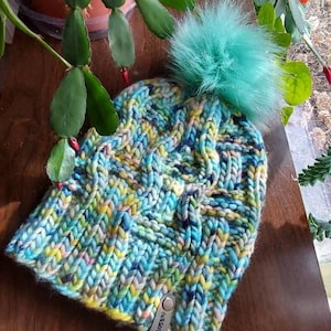 May include: A colorful knitted hat with a blue and green pom pom. The hat has a tag that says "Golden" on it.