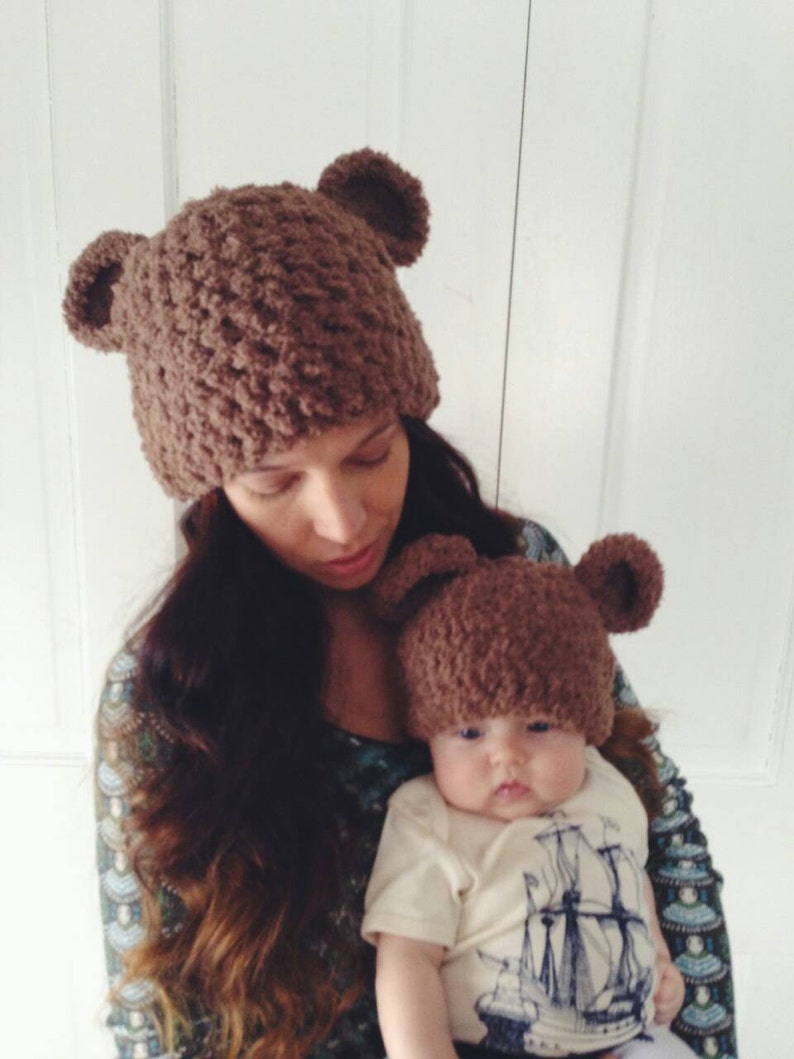 Mommy bear hat and baby hat pair, Animal hat,Bear hat, Mommy and me hats, photo props,Hats with ears, Brown hat image 1