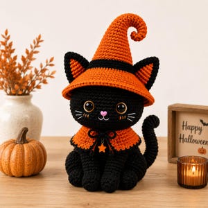 Virkmönster för Halloween svart katt | Amigurumi häxhatt | Plyschkostym | Pumpadekor | Kattungehandledning | Digital nedladdning