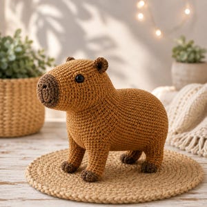 May include: A crocheted capybara figurine crafted from light brown yarn with a darker brown snout and feet. The animal has small rounded ears and black bead eyes, standing in a profile position with a textured, hand-stitched appearance.