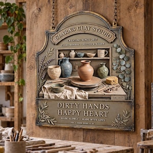 May include: A decorative wall sign featuring the text CLARA'S CLAY STUDIO, DIRTY HANDS HAPPY HEART, and MADE SLOWLY MADE WITH LOVE. The relief design depicts a pottery studio scene with a potter's wheel, various ceramic vessels, and botanical accents.