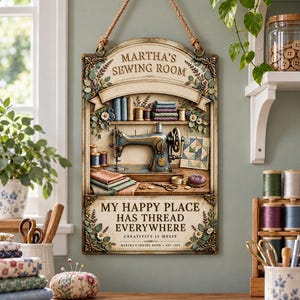 May include: A rectangular wall sign featuring a vintage sewing machine, spools of thread, and fabric stacks. The text reads: MARTHA'S SEWING ROOM, MY HAPPY PLACE HAS THREAD EVERYWHERE, CREATIVITY IS MESSY, MARTHA'S SEWING ROOM EST. 1996. It hangs by a rope.