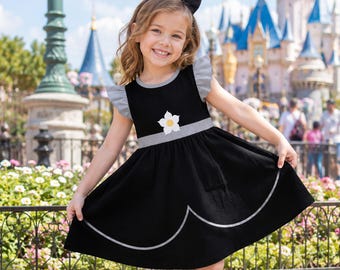 Black Princess Inspired Girls Dress, Gray Ruffle Sleeve Costume Dress, Flower Waist Kids Dress, Halloween Party Outfit