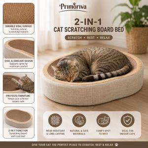 May include: An oval 2-in-1 cat scratching board bed with a beige fabric exterior and a brown textured sisal scratching surface. The product features a concave design for resting and scratching, labeled with the brand name Primoriva.