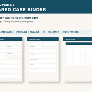 Könnte beinhalten: Ein digitales Aging Parent Shared Care Binder Dokumentenset mit 41 druckbaren und ausfüllbaren Seiten in A4 und US Letter Formaten. Enthält einen Excel-Tracker, ein Notfallblatt, eine Schichtübergabe und Care-Team-Kontaktformulare.
