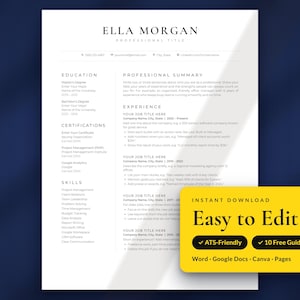 Puede incluir: Una plantilla de currículum blanca con el nombre Ella Morgan en la parte superior, con secciones para educación, certificaciones, habilidades, resumen profesional y experiencia. Un recuadro amarillo muestra el texto Easy to Edit.