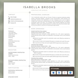 May include: A professional resume template for a construction worker named Isabella Brooks. The document features a clean, white layout with black text, organized into sections for contact, skills, education, experience, and professional overview.