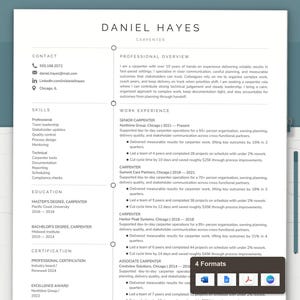 May include: A professional resume template for a carpenter named Daniel Hayes, featuring a clean white layout with black text. It includes sections for contact, skills, education, certification, professional overview, and work experience.