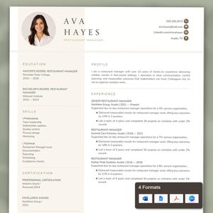 Restaurant Manager Resume Template | Cover Letter & References | ATS Friendly | Word, Google Docs, Canva PDF