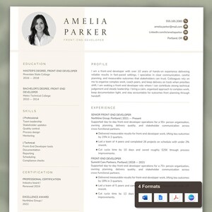 May include: A professional resume template for a front-end developer named Amelia Parker. The document features a circular headshot, contact details, education, skills, and experience sections. A small dark box at the bottom displays 4 Formats.