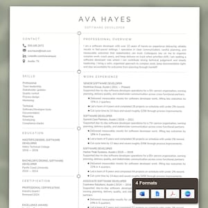 Könnte beinhalten: Eine professionelle Lebenslaufvorlage für einen Softwareentwickler namens Ava Hayes. Das Dokument verfügt über ein klares zweispaltiges Layout mit Abschnitten für Kontaktinformationen, Fähigkeiten, Ausbildung und detaillierte Berufserfahrung.