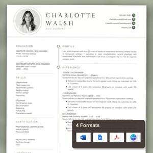 May include: A professional resume template for a civil engineer named Charlotte Walsh, featuring a circular headshot, contact details, profile summary, education, skills, and experience sections, with a dark overlay showing 4 file format icons.