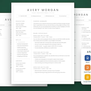 Puede incluir: Una plantilla de currículum profesional con un diseño blanco limpio y texto negro, que incluye secciones de educación, resumen, experiencia laboral, habilidades y premios, además de 6 iconos de formato para Word, Google Docs, Apple Pages, Canva, Google Slides y PDF.