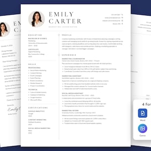May include: A professional resume template featuring a clean white layout with black text, including a circular headshot of Emily Carter, contact details, profile summary, education, skills, and work experience sections, plus a 4-format icon box.