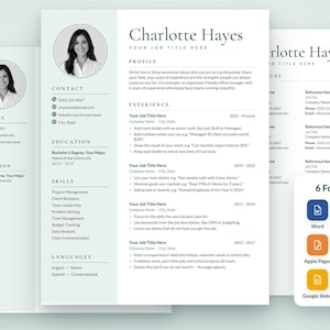 May include: A professional resume template featuring a clean layout with a circular headshot placeholder, contact details, education, skills, and experience sections. Includes a small box displaying 6 formats: Word, Google Docs, Apple Pages, Canva, Google Slides, and PDF.