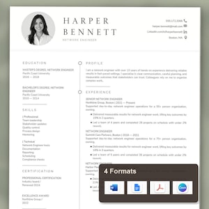 May include: A professional resume template for a network engineer named Harper Bennett, featuring a circular headshot, contact details, education, skills, and experience sections, with a dark overlay box displaying 4 Formats icons.