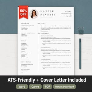 May include: A professional resume template for a purchasing manager named Harper Bennett, featuring a circular headshot, contact details, education, skills, and experience sections. A red 50% off banner is at the top left corner of the white document.