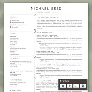 May include: A professional resume template for a computer science teacher named Michael Reed, featuring sections for contact, skills, education, certification, professional overview, and work experience, with a 4 Formats icon at the bottom right.