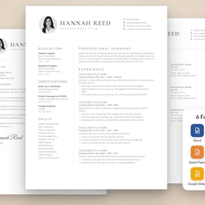 Puede incluir: Una plantilla de currículum profesional en blanco y negro con foto circular, datos de contacto, educación, certificaciones, habilidades y experiencia. Incluye un conjunto de 6 iconos de formato para Word, Google Docs, Apple Pages, Canva, Google Slides y PDF.