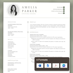 May include: A professional resume template for a structural engineer named Amelia Parker, featuring a circular headshot, contact details, education, skills, and experience sections, with a dark overlay box displaying 4 Formats icons.