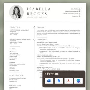 Könnte beinhalten: Eine professionelle Lebenslaufvorlage für eine medizinische Abrechnungs- und Kodierfachkraft namens Isabella Brooks mit rundem Porträtfoto, Kontaktdaten, Ausbildung, Fähigkeiten und Berufserfahrung sowie 4 Formats-Symbolen.