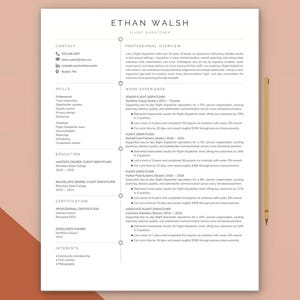 May include: A white resume template for a flight dispatcher named Ethan Walsh, featuring a clean layout with sections for contact, skills, education, certification, and work experience, accompanied by a thin gold pen placed on the right side.