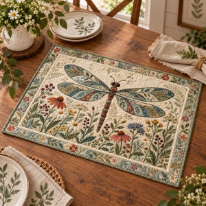 May include: A rectangular quilted placemat featuring a central dragonfly with patterned wings surrounded by embroidered wildflowers, daisies, and berries in shades of green, blue, red, and yellow, framed by a floral border.