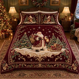 May include: A deep red velvet quilt set featuring a central graphic of Santa Claus carrying a sack and lantern, surrounded by Christmas trees, gifts, and a sleigh. The design includes gold filigree borders, holly accents, and star motifs.