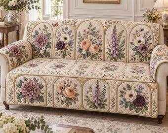 May include: A cream-colored quilted sofa cover featuring a repeating arched panel design. Each panel displays detailed floral arrangements including pink dahlias, purple foxgloves, and white anemones with green foliage on a textured fabric surface.