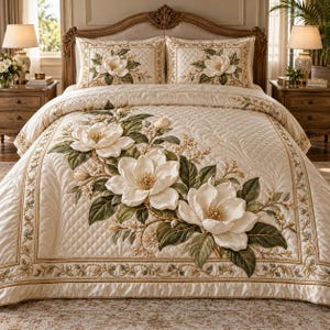May include: A cream-colored quilted bedspread and two matching pillow shams featuring an embroidered floral pattern of large white magnolia blossoms with green leaves and gold accents. The bedding set has a diamond-stitched texture and decorative borders.