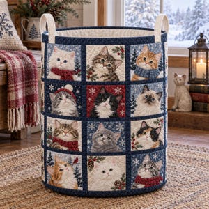 Cesto de roupa suja acolchoado com patchwork de gatos de inverno, cesto para guardar itens de animais de estimação durante as festas de fim de ano.