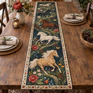 May include: A long rectangular table runner featuring a dark blue background with a repeating pattern of five horses in various colors, including white, black, brown, and tan, surrounded by colorful floral motifs and small butterflies.