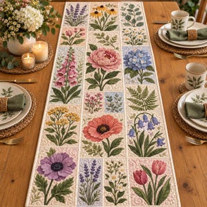 May include: A rectangular quilted table runner featuring a grid of embroidered botanical illustrations including lavender, poppies, peonies, hydrangeas, foxgloves, and tulips in various colours, with a cream-coloured background and swirling stitch details.