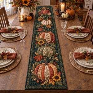 May include: A long, rectangular dark green fabric table runner featuring a quilted pattern of pumpkins, sunflowers, and autumn leaves. The runner is centered on a wooden dining table set with four place settings, each including a plate, napkin, and glass.