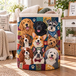 May include: A cylindrical fabric storage basket featuring a quilted patchwork design with various dog breeds, including a golden retriever, black labrador, beagle, corgi, and french bulldog, accented with paw prints and floral patterns.