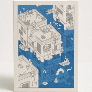 May include: A greeting card featuring a detailed blue and white line art illustration of a flooded city scene. The artwork depicts various figures on rooftops and in small boats navigating around multi-story buildings partially submerged in water.