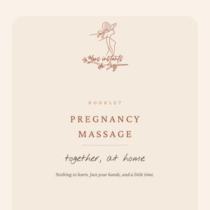 Peut inclure: Une couverture de livret beige avec une illustration au trait d'une personne portant un chapeau, le texte "Les Instants de Joly", "BOOKLET", "PREGNANCY MASSAGE", "together, at home" et "Nothing to learn. Just your hands, and a little time."